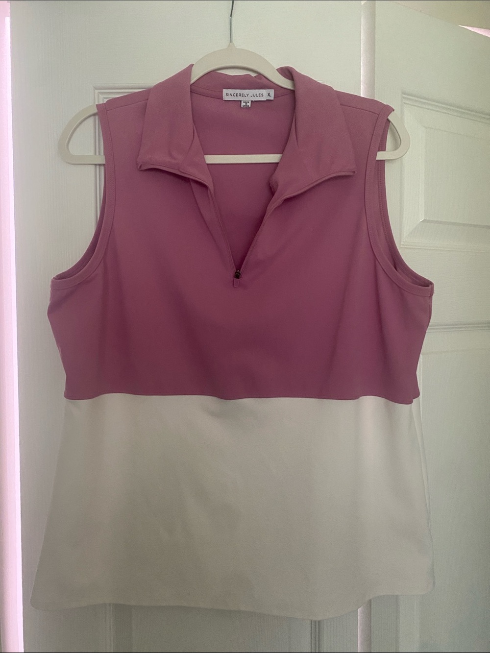 Sincerly Jules Pink and White Colorblock Zip-Neck Tank